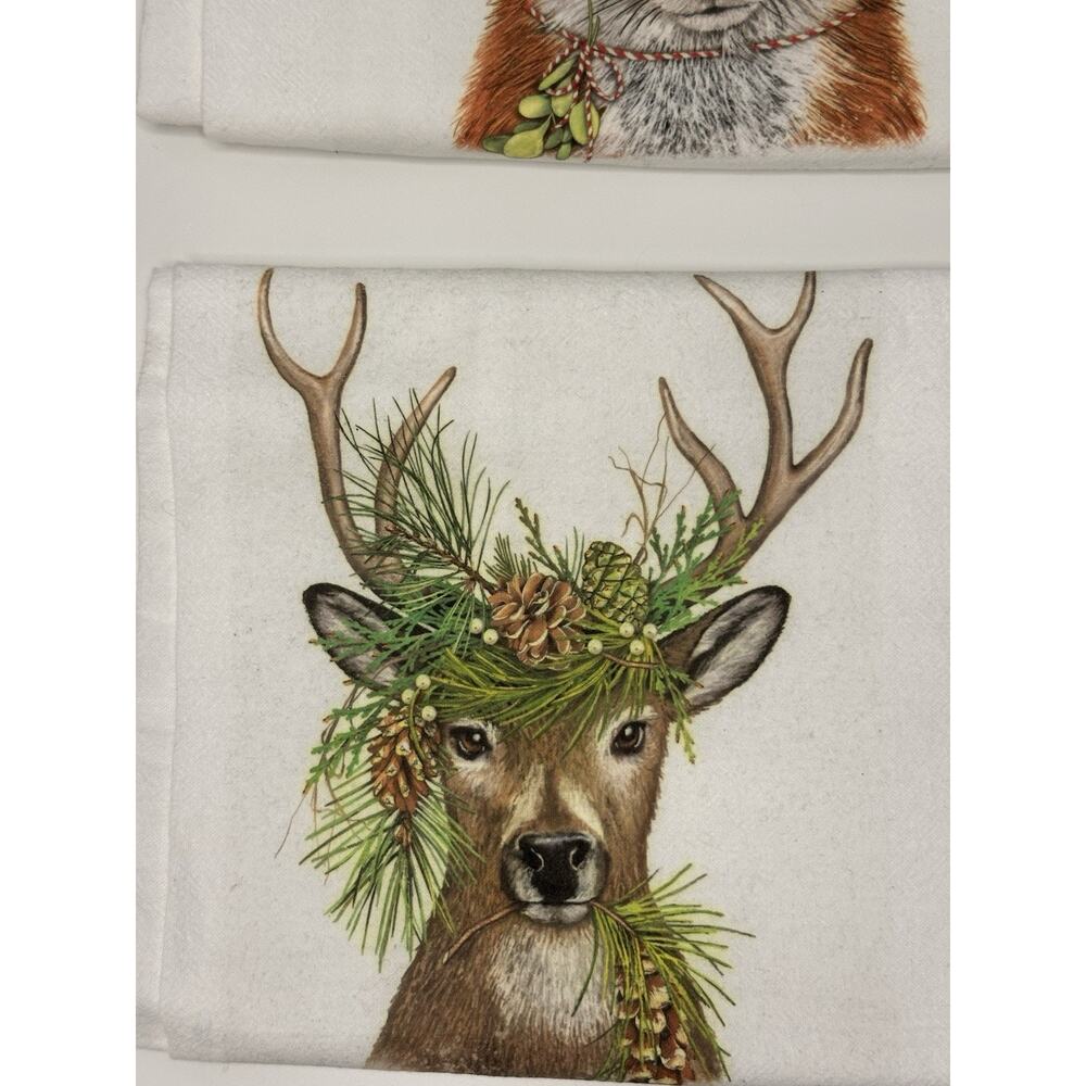 Mary Lake-Thompson Winter Animals Bear Buck Fox Snow Kitchen Towels Set Of 3 - Picture 2 of 5